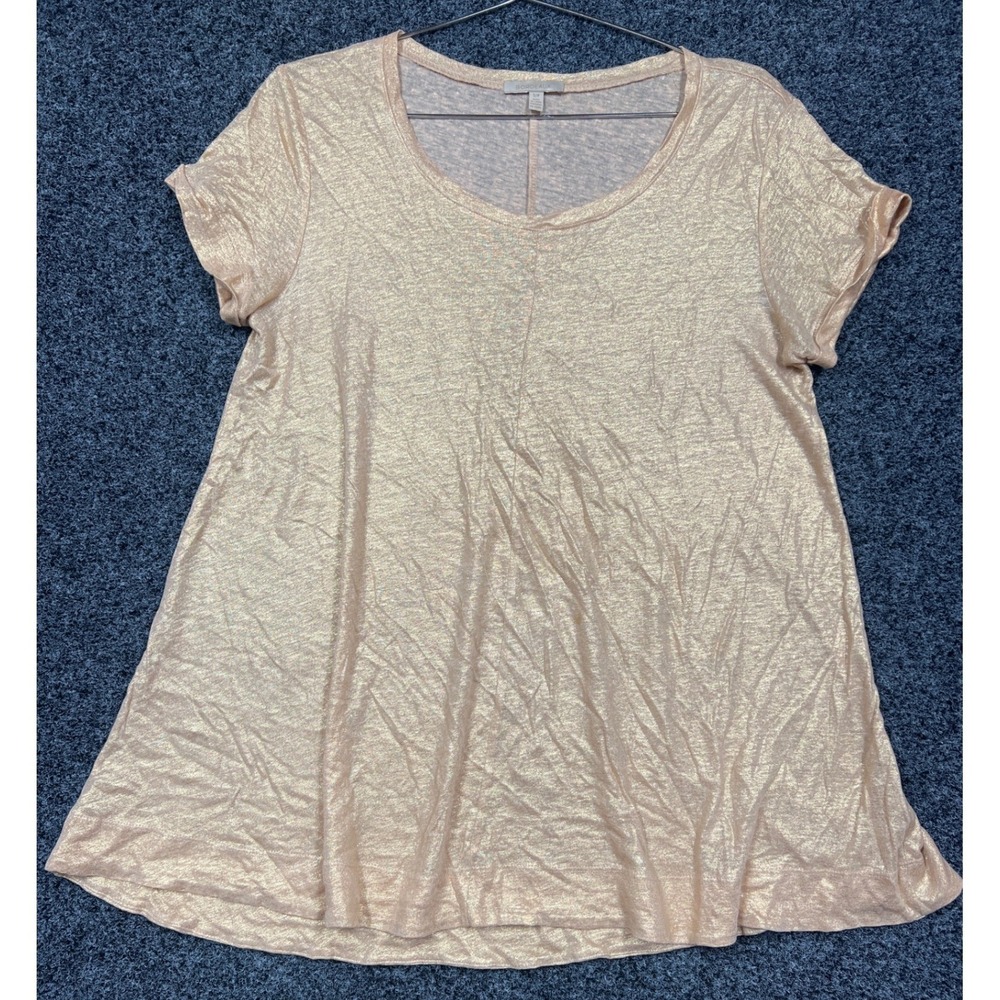 Bordeaux Top Womens S Gold Metallic 100% Linen Short Sleeve Tee Shimmer Boho